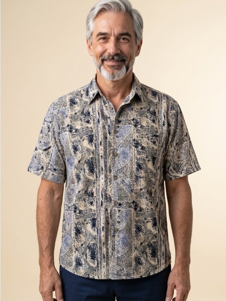 Summa Blue Teal Cream 100% Raw Silk Men's Short Sleeve Button Down Shirt